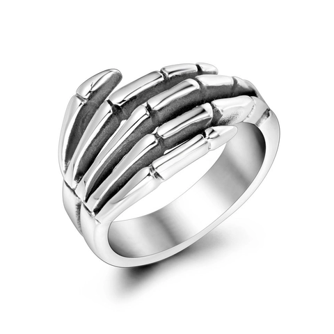 Vintage Titanium Steel Skeleton Hand Ring Punk Gothic Skeleton Finger Ring For Unisex Retro Silver Oxidized Jewelry Gift