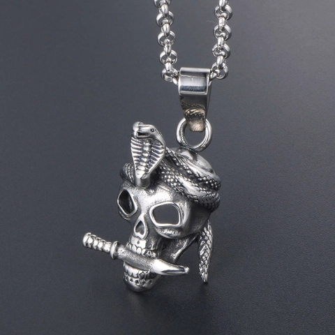 Gothic Totenkopf Schlange Anhänger Halskette Für Herren Edelstahl Cobra Dolch Punk Rock Retro Biker Schmuck Zubehör Geschenk