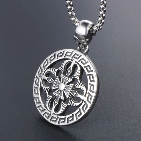 Retro Stainless Steel Greek Key Cross Pendant Necklace For Men Gothic Skull Bail Hollow Round Circle Medallion Sweater Chain Jewelry