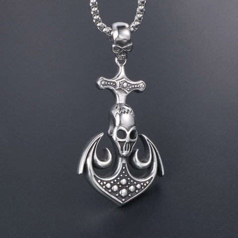 Punk Skull Anchor Pendant Necklace For Men Titanium Steel Rock Gothic Navy Style Retro Polished Jewelry Pendant Necklace