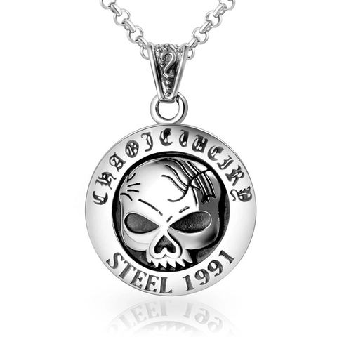 Collana con Ciondolo Rotondo a Rilievo con Teschio Vintage 1991 Uomo Donna Acciaio Inossidabile Punk Gothic Rock Gioielli