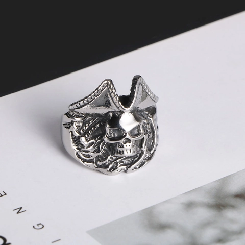 Men Vintage Pirate Skull Ring Titanium Stainless Steel Punk Gothic Devil Head Band Ring Retro Motorcycle Fashion Jewelry