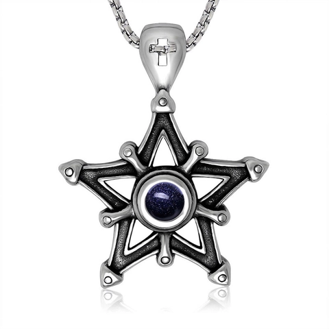 Vintage Titanium Steel Blue Sandstone Star Pendant Necklace Gothic Five-Pointed Star Cross Bail Jewelry For Men Women