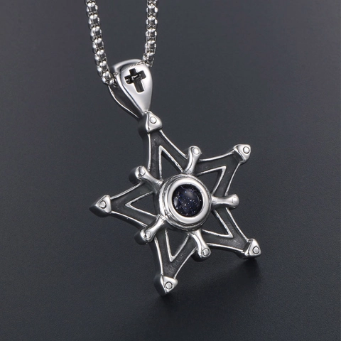 Vintage Titanium Steel Blue Sandstone Star Pendant Necklace Gothic Five-Pointed Star Cross Bail Jewelry For Men Women
