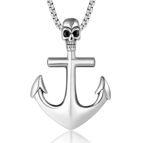 Men's Stainless Steel Skull Anchor Pendant Necklace Gothic Punk Nautical Style Silver Polished Jewelry Accessory Gift For Him