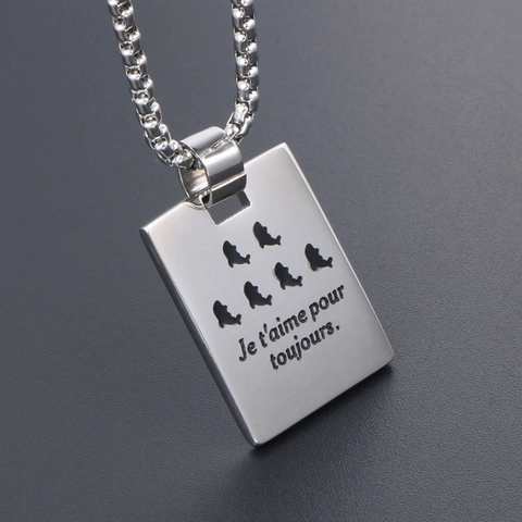 Collana con Pendente a Targhetta Rettangolare in Acciaio Inossidabile con Delfino Inciso e Testo Francese Je Taime Pour Toujours