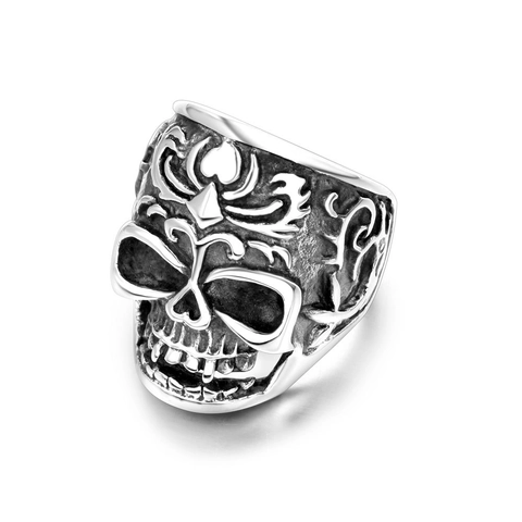 Vintage Stainless Steel Skull Ring For Men Gothic Punk Carved Vine Pattern Antiqued Silver Band Ring Rock Biker Jewelry