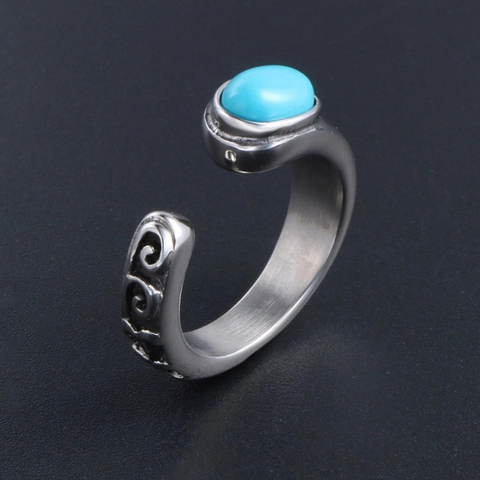Anello Vintage in Acciaio Inossidabile Con Pietra Ovale di Turchese Agata Intagliata a Rilievo Retro Punk Gioielli Uomo Donna