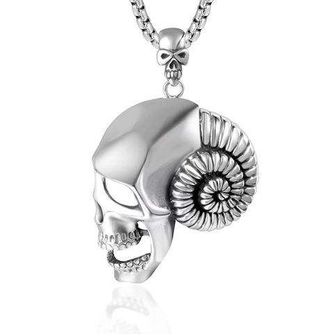 Vintage Gothic Punk Ram Horn Skull Pendant Necklace For Men Titanium Steel Titanium Cast Skeleton Head Jewelry Accessories