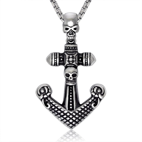 Vintage Gothic Skull Anchor Cross Pendant Necklace For Men Stainless Steel Titanium Steel Punk Rock Nautical Jewelry Gift