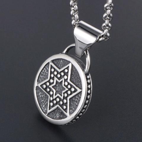 Collana Con Ciondolo Esagramma In Acciaio Inossidabile Vintage Da Uomo Medaglione Stella Di David Tondo Retro Gioielli Punk Regalo