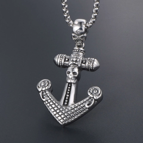 Vintage Gothic Skull Anchor Cross Pendant Necklace For Men Stainless Steel Titanium Steel Punk Rock Nautical Jewelry Gift