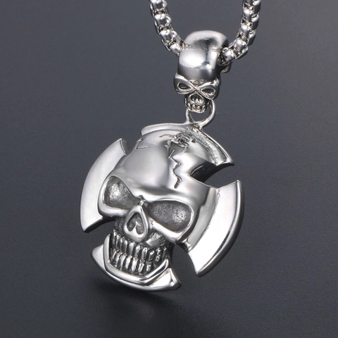 Gothic Punk Vintage Stainless Steel Skull Cross Pendant Necklace For Men Retro Biker Polished Skeleton Jewelry Accessory