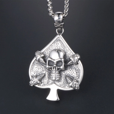 Gothic Titanium Steel Skull Spade Ace Pendant Necklace Retro Punk Hip Hop Biker Jewelry For Men Women Daily Accessory