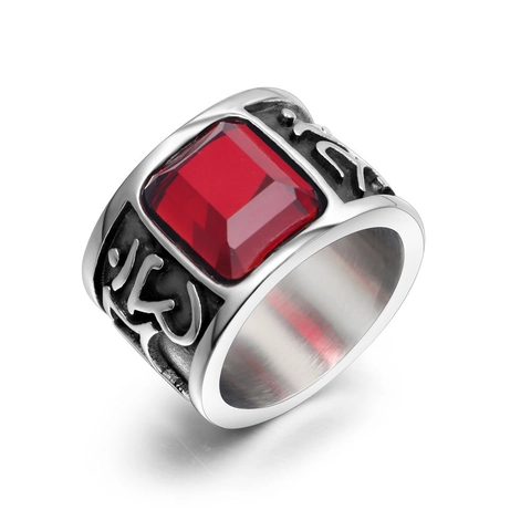Vintage Titanium Staal Zes-Woorden Mantra Ring Voor Heren Brede Rode Rechthoekige Strass Gegraveerd Religieus Gotisch Sieraden