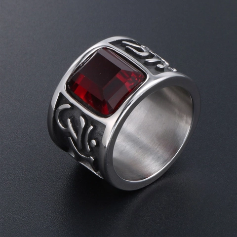 Vintage Titanium Staal Zes-Woorden Mantra Ring Voor Heren Brede Rode Rechthoekige Strass Gegraveerd Religieus Gotisch Sieraden