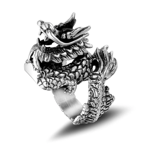 Vintage Dragon Pattern Titanium Steel Ring For Men Oxidized Punk Gothic Animal Shaped Embossed Band Jewelry Gift