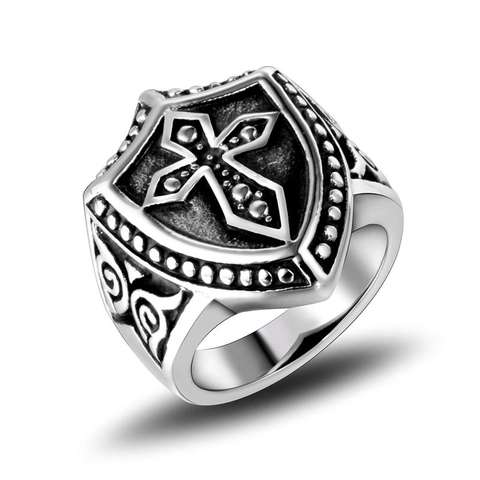 Vintage Titanium Steel Cross Shield Ring For Men Gothic Punk Retro Engraved Band Ring Biker Religious Jewelry Accessory