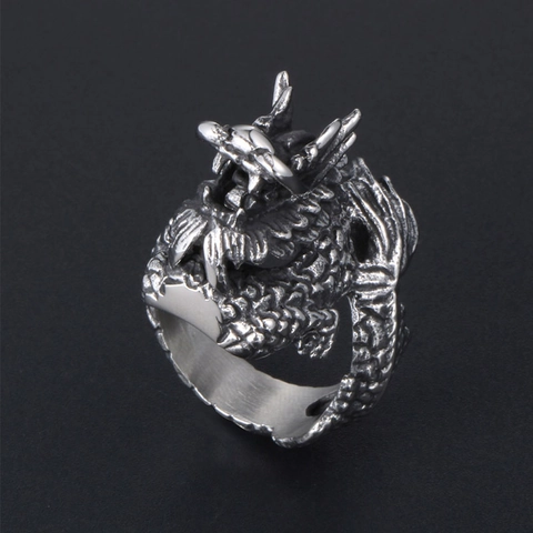 Vintage Dragon Pattern Titanium Steel Ring For Men Oxidized Punk Gothic Animal Shaped Embossed Band Jewelry Gift