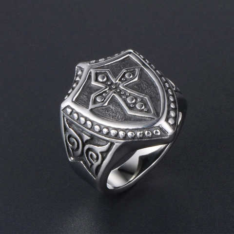 Vintage Titanium Steel Cross Shield Ring For Men Gothic Punk Retro Engraved Band Ring Biker Religious Jewelry Accessory
