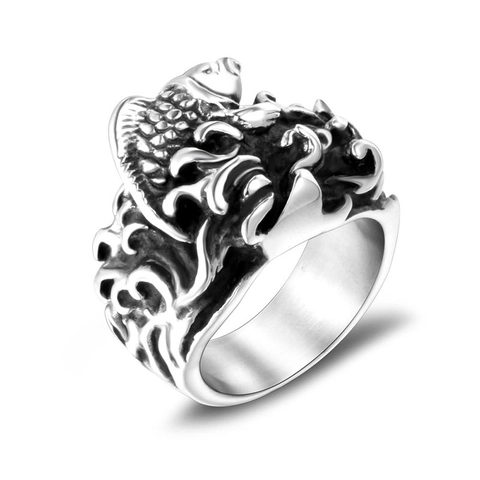 Vintage Stainless Steel Koi Fish Sea Wave 3D Relief Ring For Men Women Punk Polished Band Fashion Jewelry Retro Accessory