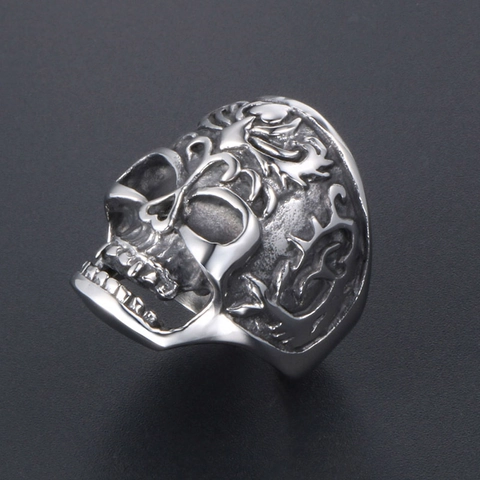 Vintage Stainless Steel Skull Ring For Men Gothic Punk Carved Vine Pattern Antiqued Silver Band Ring Rock Biker Jewelry