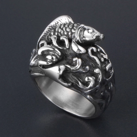 Vintage Stainless Steel Koi Fish Sea Wave 3D Relief Ring For Men Women Punk Polished Band Fashion Jewelry Retro Accessory
