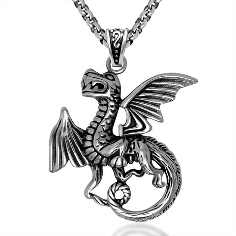Vintage Punk Stainless Steel Dragon Pendant Necklace For Men Gothic Flying Dragon Sword Pendant Retro Silver Jewelry Gift