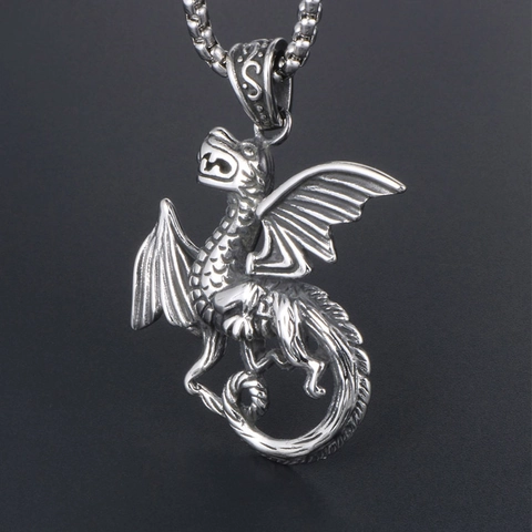 Vintage Punk Stainless Steel Dragon Pendant Necklace For Men Gothic Flying Dragon Sword Pendant Retro Silver Jewelry Gift