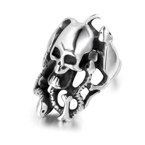 Vintage Gothic Stainless Steel Skull Snake Ring For Men Polished Punk Hip Hop Rock Biker Animal Finger Ring Jewelry