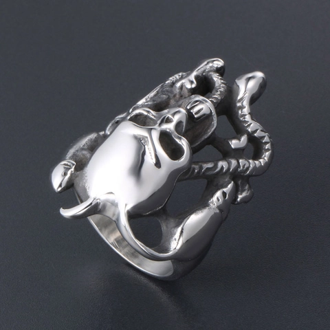Vintage Gothic Stainless Steel Skull Snake Ring For Men Polished Punk Hip Hop Rock Biker Animal Finger Ring Jewelry