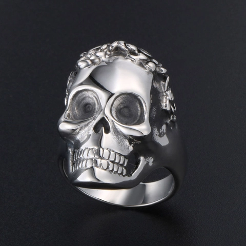 Vintage Gothic Skull Ring For Men Stainless Steel Punk Rock Floral Engraving Biker Statement Ring Gothic Jewelry Accessory