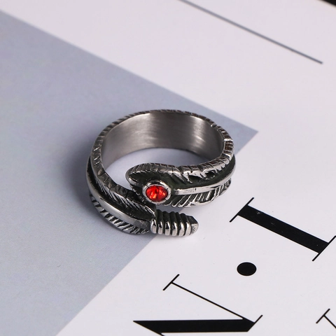 Vintage Gotische Veer Open Ring Voor Mannen Titanium Staal Rode Strass Verstelbare Punk Biker Sieraden Vingering