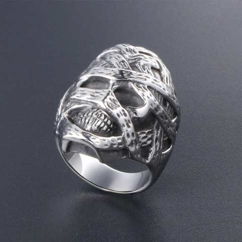 Vintage Gothic Mummy Skull Ring For Men Distressed Stainless Steel Skeleton Bandage Wrap Band Ring Punk Rock Men Jewelry