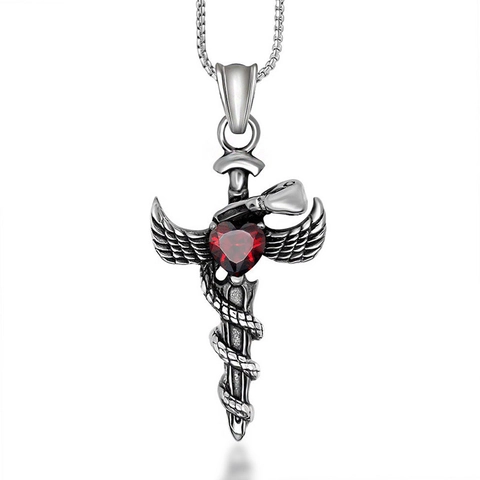 Gothic Stainless Steel Angel Wing Sword Pendant Necklace Vintage Snake Wrapped Heart Rhinestone Jewelry For Men Women