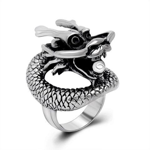 Vintage Dragon Ring For Men Titanium Stainless Steel Retro Punk Rock Style Antique Silver Dragon Scale Relief Finger Ring