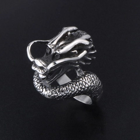 Vintage Dragon Ring For Men Titanium Stainless Steel Retro Punk Rock Style Antique Silver Dragon Scale Relief Finger Ring