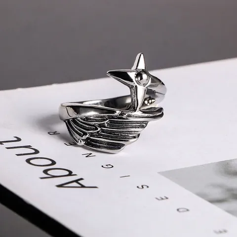 Men's Titanium Steel Angel Wing Ring With Star And Feather Textures Personalized Gothic Punk Style Jewelry Finger Ring