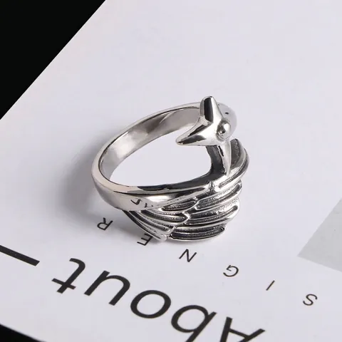 Men's Titanium Steel Angel Wing Ring With Star And Feather Textures Personalized Gothic Punk Style Jewelry Finger Ring