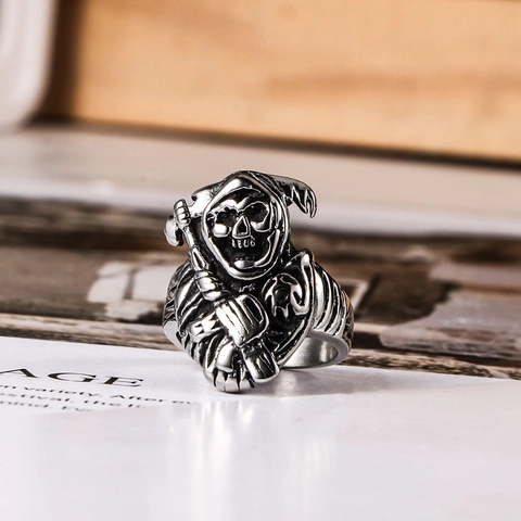 Anello da Uomo Punk con Teschio del Tristo Mietitore in Acciaio Inossidabile Vintage Gotico Band Jewelry Regalo per Uomo