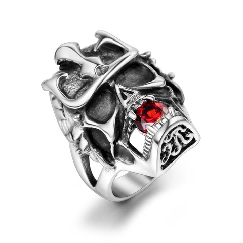 Vintage Gothic Men's Titanium Steel Skull Ring With Crown Red Rhinestone Inlaid Domineering Punk Skeleton Finger Jewelry