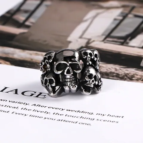 Punk Gothic Totenkopf Ring Polierter Titanstahl Mehrere Totenköpfe Band Für Herren Damen Vintage Biker Fingerring Schmuck Geschenk