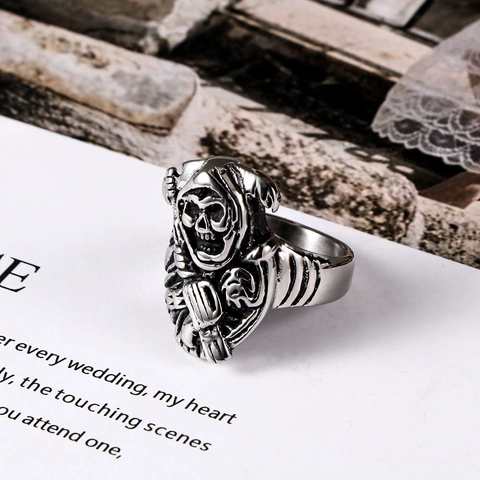 Anello da Uomo Punk con Teschio del Tristo Mietitore in Acciaio Inossidabile Vintage Gotico Band Jewelry Regalo per Uomo