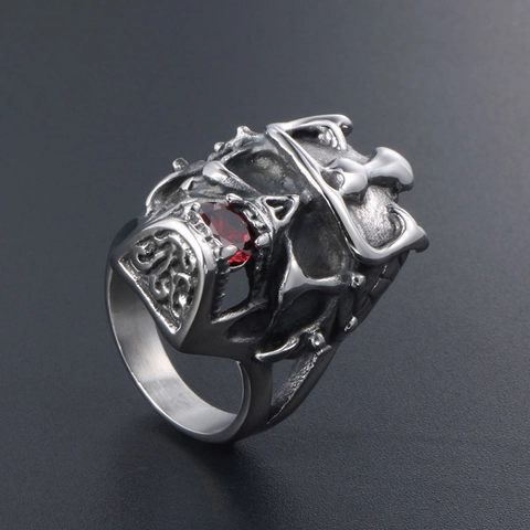 Vintage Gothic Men's Titanium Steel Skull Ring With Crown Red Rhinestone Inlaid Domineering Punk Skeleton Finger Jewelry