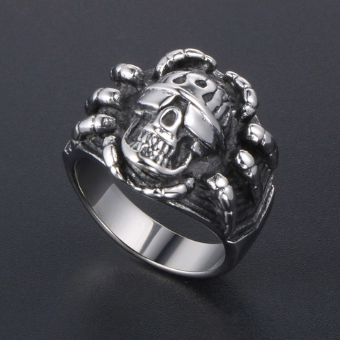 Punk Gothic Stainless Steel Skull Spider Ring For Men Vintage Distressed Biker Rock Finger Jewelry Dominating Biker Ring