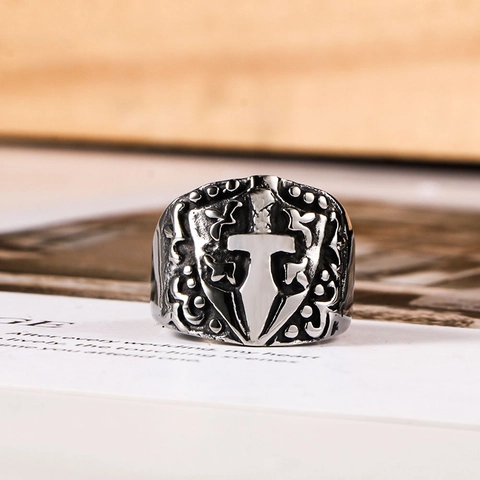 Retro Gothic Punk Ring For Men Stainless Steel Titanium Steel Sword Shield Cross Relief Band Vintage Biker Jewelry Ring