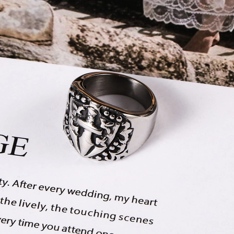 Retro Gothic Punk Ring For Men Stainless Steel Titanium Steel Sword Shield Cross Relief Band Vintage Biker Jewelry Ring
