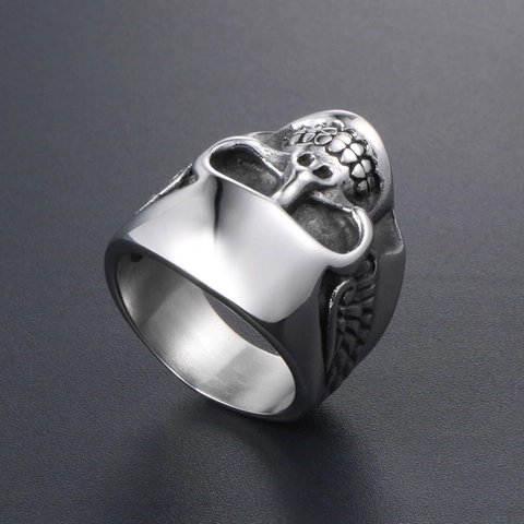 Gothic Skull Wing Ring For Men Stainless Steel Punk Retro Biker Rock Style Finger Jewelry Men Fashion Band Ring Accessory