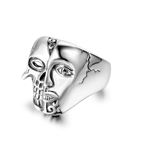 Bague Vintage en Acier Inoxydable avec Crâne à Double Face Gothique Punk Rock Biker Bague Squelette pour Hommes Femmes Bijoux de Mode