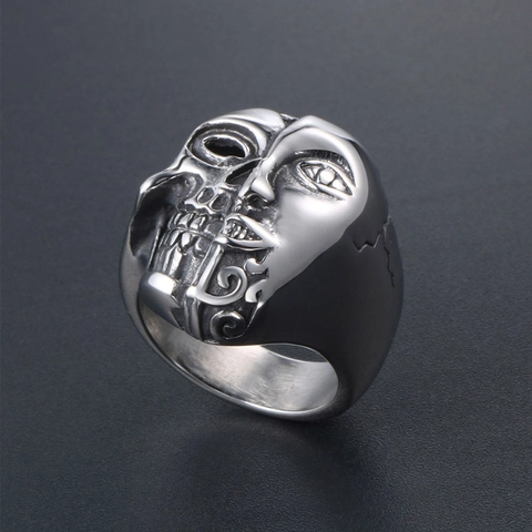 Bague Vintage en Acier Inoxydable avec Crâne à Double Face Gothique Punk Rock Biker Bague Squelette pour Hommes Femmes Bijoux de Mode